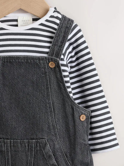 |BabyBoy| Conjunto De Macacão e Macacão Jeans Cinza Carvão Para Bebê (0 meses a 2 anos)