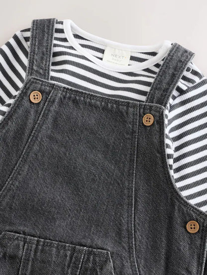 |BabyBoy| Conjunto De Macacão e Macacão Jeans Cinza Carvão Para Bebê (0 meses a 2 anos)