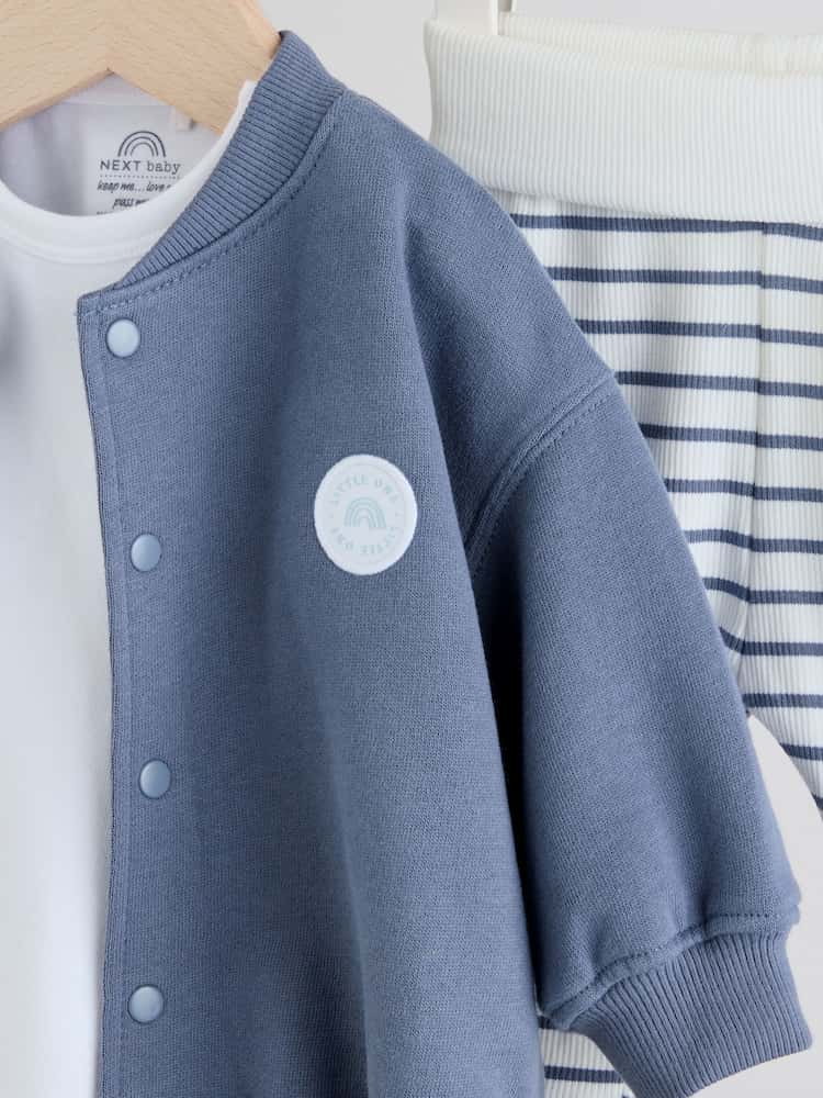 |BabyBoy| Conjunto De 3 Peças De Jaqueta, Body e Leggings Listrados Azuis Para Bebê (0 meses a 2 anos)