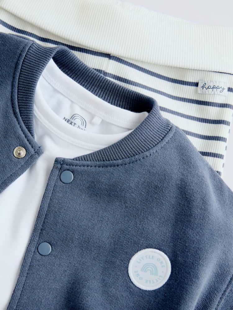 |BabyBoy| Conjunto De 3 Peças De Jaqueta, Body e Leggings Listrados Azuis Para Bebê (0 meses a 2 anos)