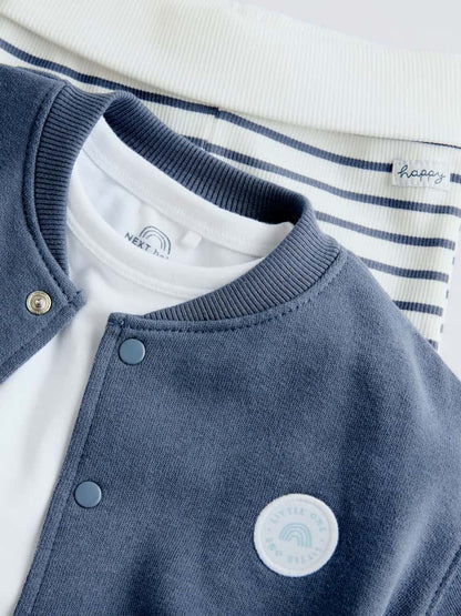 |BabyBoy| Conjunto De 3 Peças De Jaqueta, Body e Leggings Listrados Azuis Para Bebê (0 meses a 2 anos)