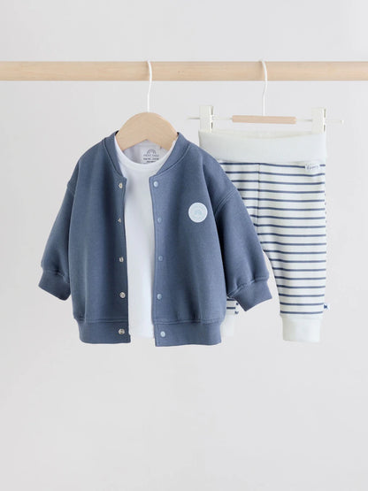 |BabyBoy| Conjunto De 3 Peças De Jaqueta, Body e Leggings Listrados Azuis Para Bebê (0 meses a 2 anos)