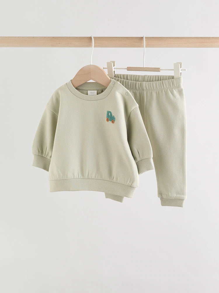 |BabyBoy| Conjunto De Moletom e Calça De Moletom Sage Green Tractor Para Bebê (0 meses a 2 anos)
