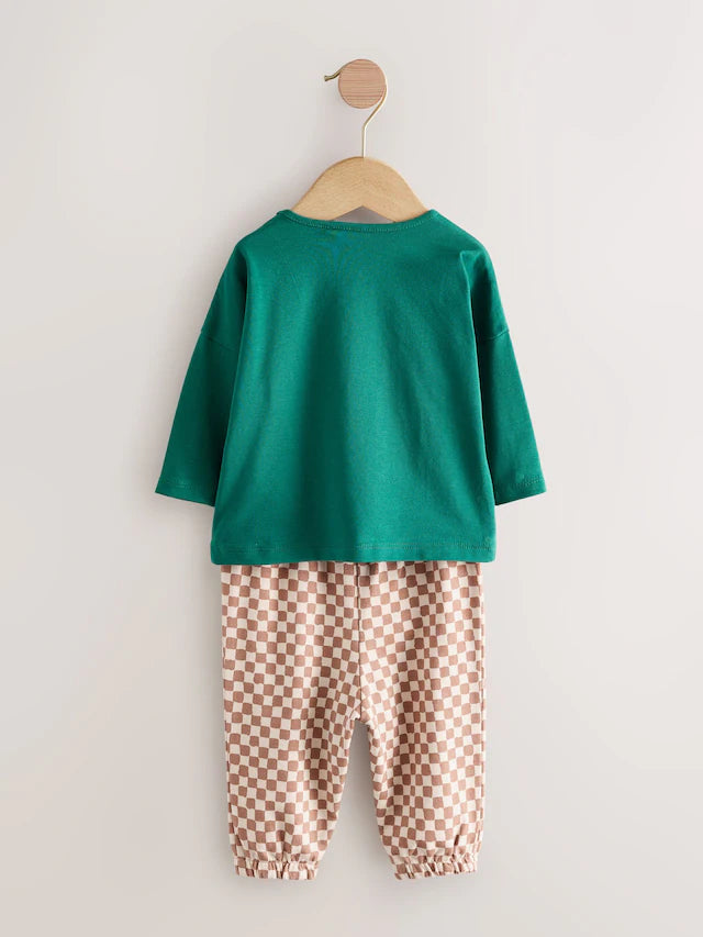 |BabyBoy| Conjunto De Blusa e Calça Xadrez Verde/Laranja Para Bebê (0 meses a 2 anos)