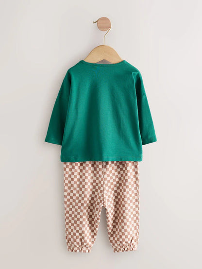 |BabyBoy| Conjunto De Blusa e Calça Xadrez Verde/Laranja Para Bebê (0 meses a 2 anos)