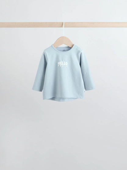 |BabyBoy| Conjunto De 6 Peças De Blusas e Leggings Azuis Hello World Para Bebês (0 meses a 3 anos)