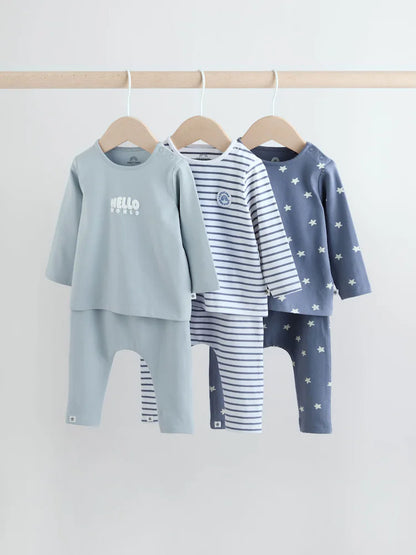 |BabyBoy| Conjunto De 6 Peças De Blusas e Leggings Azuis Hello World Para Bebês (0 meses a 3 anos)