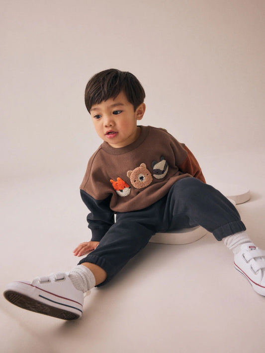 |Boy| Conjunto De Moletom e Calça Jogger Com Apliques De Animais Marrom (3 meses a 7 anos)