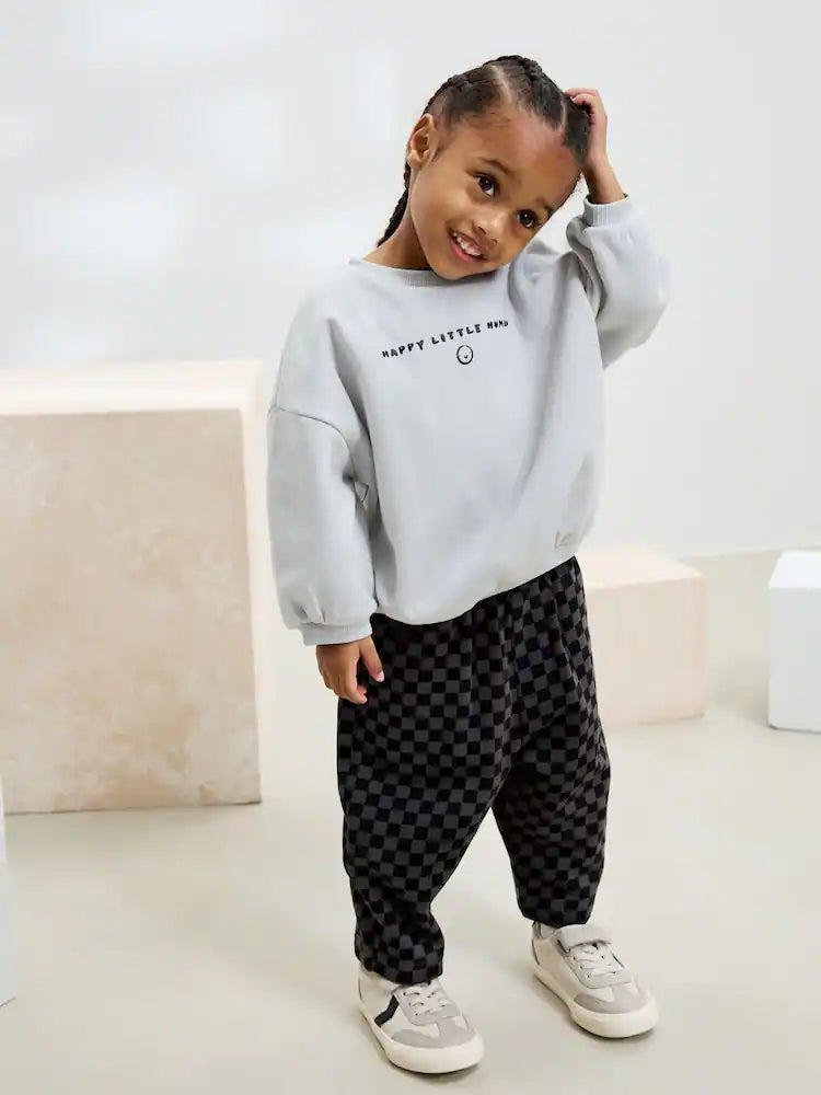 |Girl| Conjunto De Moletom Preto/Cinza e Calça Jogger Estampada (3 meses a 7 anos)