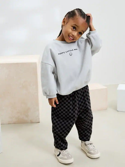 |Girl| Conjunto De Moletom Preto/Cinza e Calça Jogger Estampada (3 meses a 7 anos)