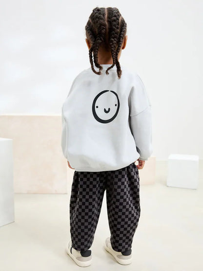 |Girl| Conjunto De Moletom Preto/Cinza e Calça Jogger Estampada (3 meses a 7 anos)