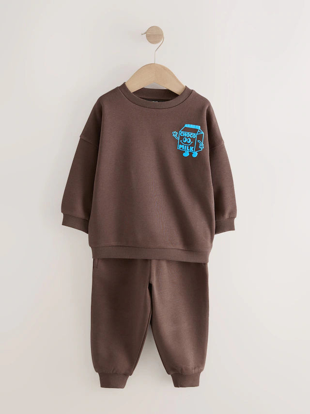 |Boy| Conjunto De Moletom e Calça De Moletom Marrom Chocolate e Azul, Pacote Com 2 (3 meses a 7 anos)