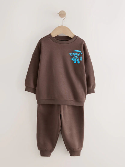|Boy| Conjunto De Moletom e Calça De Moletom Marrom Chocolate e Azul, Pacote Com 2 (3 meses a 7 anos)