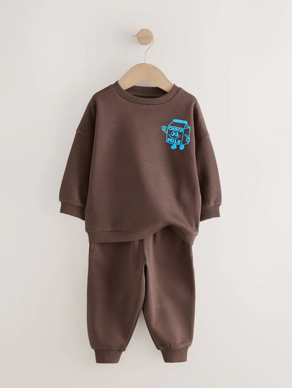 |Boy| Conjunto De Moletom e Calça De Moletom Marrom Chocolate e Azul, Pacote Com 2 (3 meses a 7 anos)