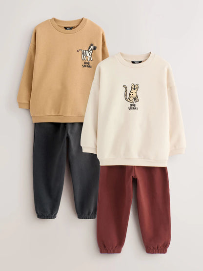 |Boy| Conjunto De Moletom e Calça Jogger Bege/Cru/Cinza Carvão, Pacote com 2 (3 meses a 7 anos)