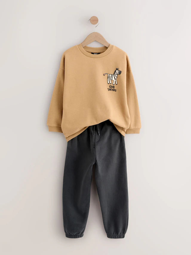 |Boy| Conjunto De Moletom e Calça Jogger Bege/Cru/Cinza Carvão, Pacote com 2 (3 meses a 7 anos)