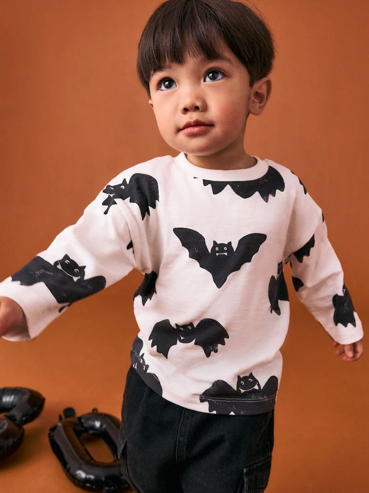 |Boy| Camiseta De Manga Comprida Com Estampa Gráfica De Morcegos Branca/Preta Para Halloween (3 meses a 7 anos)