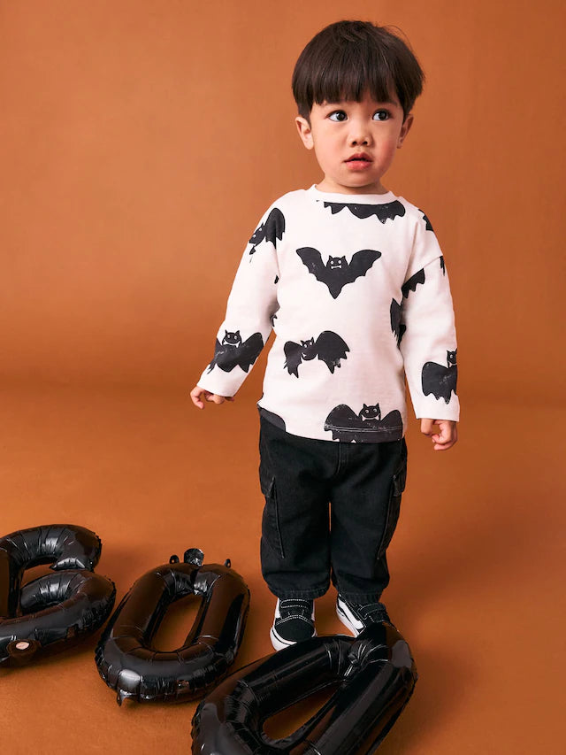 |Boy| Camiseta De Manga Comprida Com Estampa Gráfica De Morcegos Branca/Preta Para Halloween (3 meses a 7 anos)