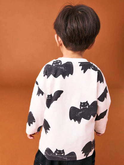 |Boy| Camiseta De Manga Comprida Com Estampa Gráfica De Morcegos Branca/Preta Para Halloween (3 meses a 7 anos)
