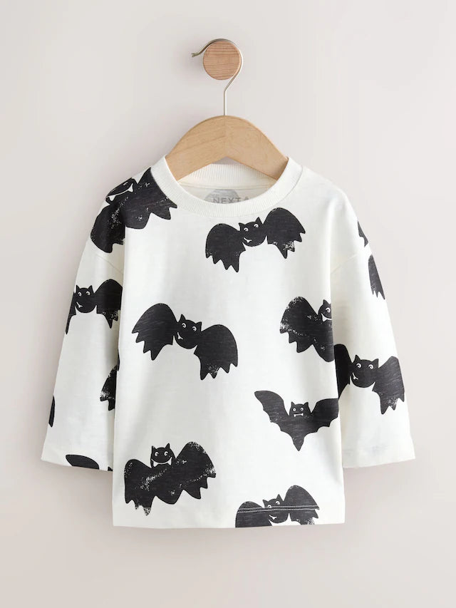 |Boy| Camiseta De Manga Comprida Com Estampa Gráfica De Morcegos Branca/Preta Para Halloween (3 meses a 7 anos)