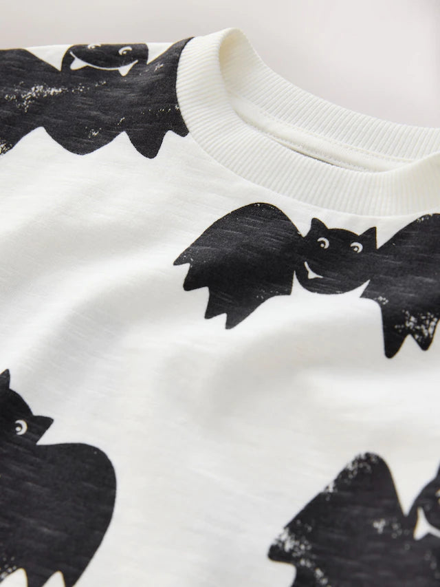 |Boy| Camiseta De Manga Comprida Com Estampa Gráfica De Morcegos Branca/Preta Para Halloween (3 meses a 7 anos)
