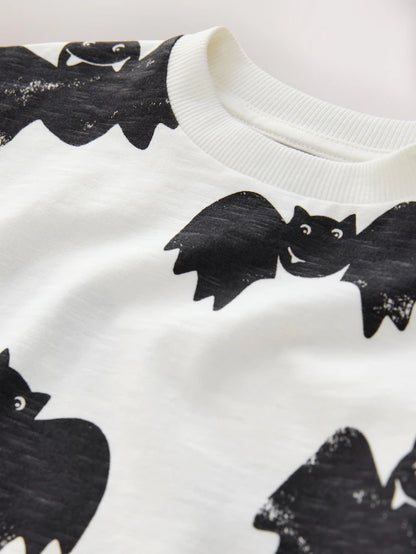 |Boy| Camiseta De Manga Comprida Com Estampa Gráfica De Morcegos Branca/Preta Para Halloween (3 meses a 7 anos)