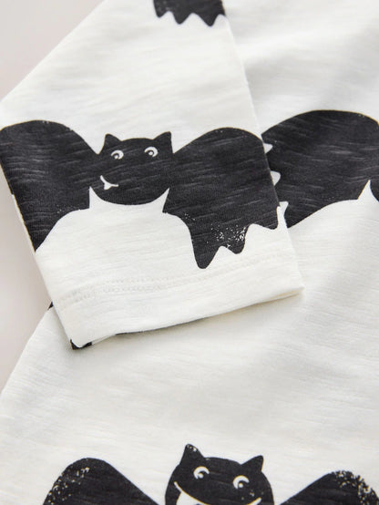 |Boy| Camiseta De Manga Comprida Com Estampa Gráfica De Morcegos Branca/Preta Para Halloween (3 meses a 7 anos)