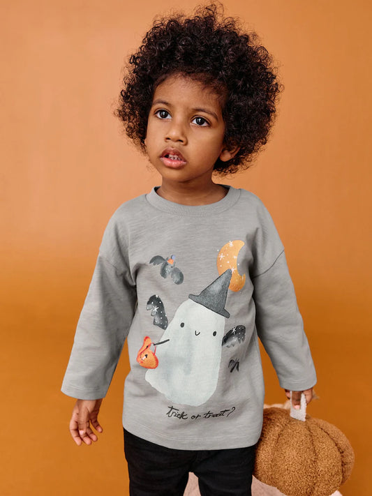 |Boy| Camiseta Com Estampa Gráfica De Manga Comprida Grey Ghost Halloween (3 meses a 7 anos)