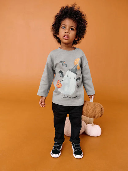 |Boy| Camiseta Com Estampa Gráfica De Manga Comprida Grey Ghost Halloween (3 meses a 7 anos)