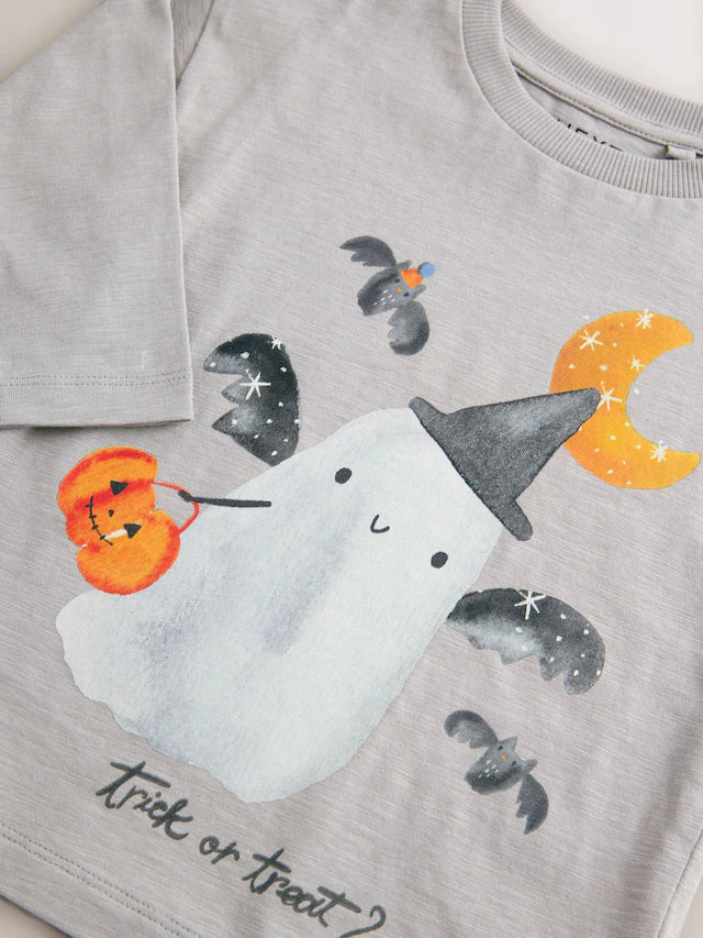 |Boy| Camiseta Com Estampa Gráfica De Manga Comprida Grey Ghost Halloween (3 meses a 7 anos)