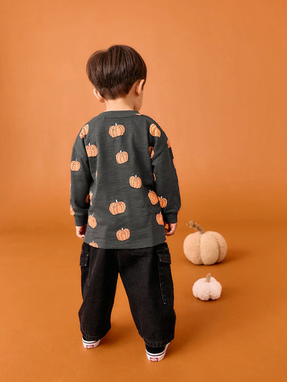 |Boy| Camiseta De Halloween Com Estampa Gráfica De Manga Comprida e Abóbora Cinza/Laranja (3 meses a 7 anos)