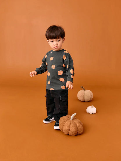 |Boy| Camiseta De Halloween Com Estampa Gráfica De Manga Comprida e Abóbora Cinza/Laranja (3 meses a 7 anos)