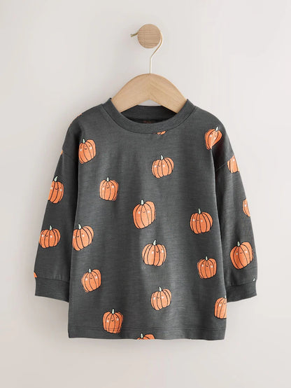 |Boy| Camiseta De Halloween Com Estampa Gráfica De Manga Comprida e Abóbora Cinza/Laranja (3 meses a 7 anos)