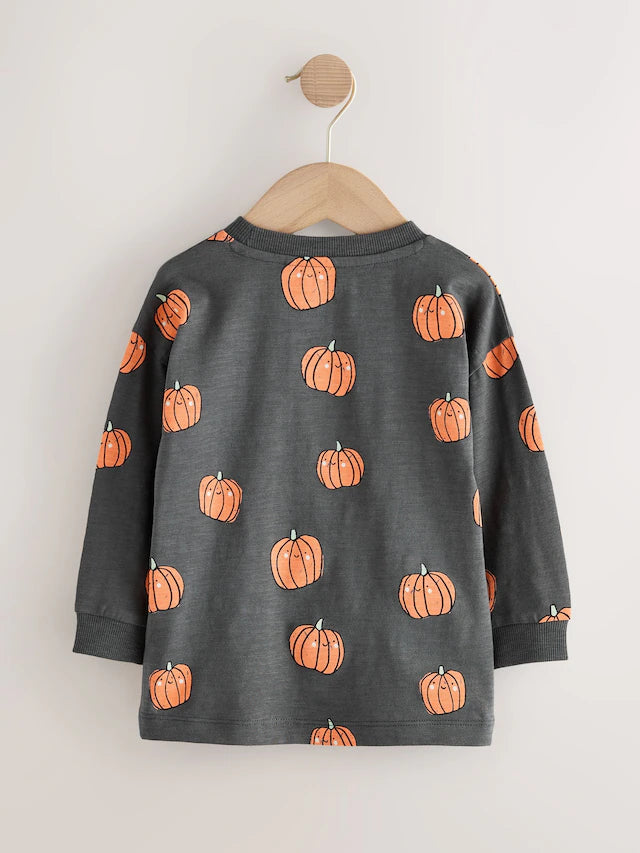 |Boy| Camiseta De Halloween Com Estampa Gráfica De Manga Comprida e Abóbora Cinza/Laranja (3 meses a 7 anos)