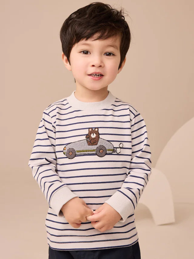 |Boy| Camiseta De Manga Comprida Com Apliques De Urso Listrado Branco/Azul (3 meses a 7 anos)