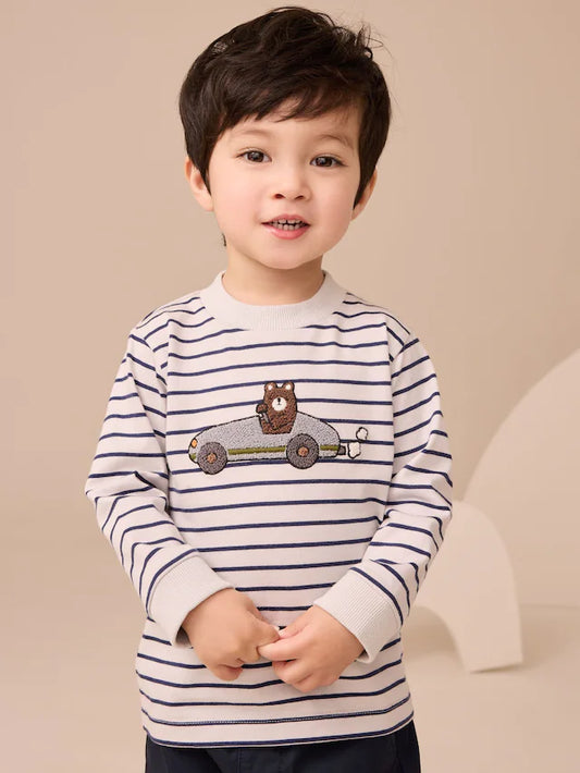 |Boy| Camiseta De Manga Comprida Com Apliques De Urso Listrado Branco/Azul (3 meses a 7 anos)