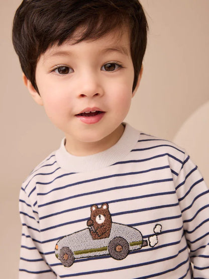 |Boy| Camiseta De Manga Comprida Com Apliques De Urso Listrado Branco/Azul (3 meses a 7 anos)