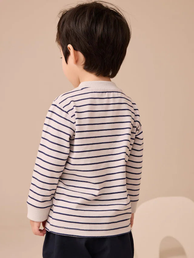 |Boy| Camiseta De Manga Comprida Com Apliques De Urso Listrado Branco/Azul (3 meses a 7 anos)