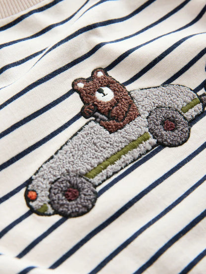 |Boy| Camiseta De Manga Comprida Com Apliques De Urso Listrado Branco/Azul (3 meses a 7 anos)