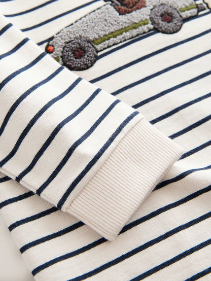 |Boy| Camiseta De Manga Comprida Com Apliques De Urso Listrado Branco/Azul (3 meses a 7 anos)