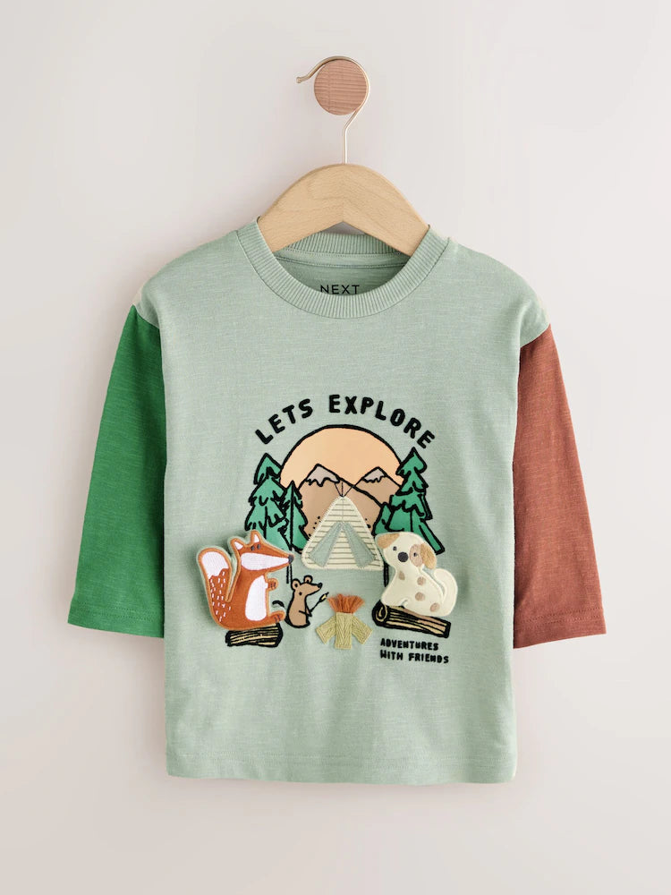|Boy| Camiseta De Manga Comprida Com Apliques Green Camping Animals (3 meses a 7 anos)