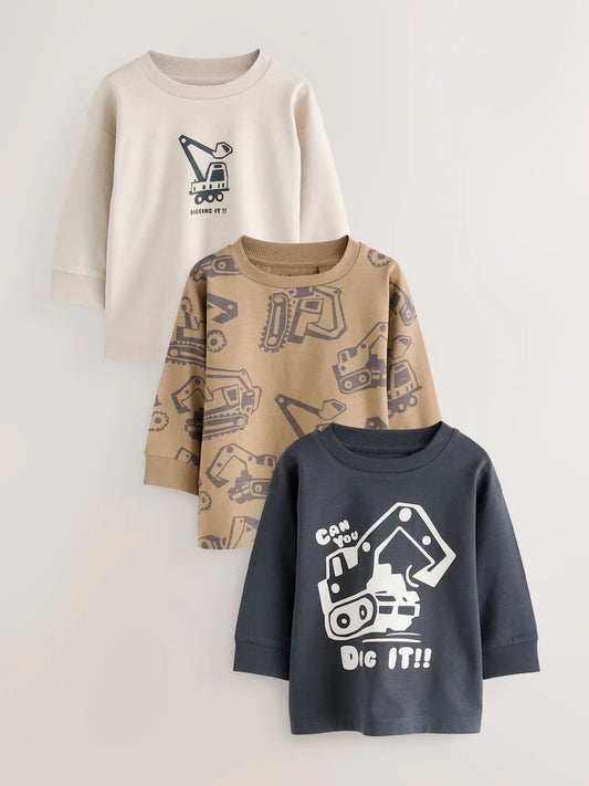 |Boy| Camisetas Estampadas Gráficas De Manga Comprida Digger Pretas/Marrons, Pacote com 3 (3 meses a 7 anos)