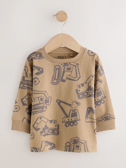 |Boy| Camisetas Estampadas Gráficas De Manga Comprida Digger Pretas/Marrons, Pacote com 3 (3 meses a 7 anos)