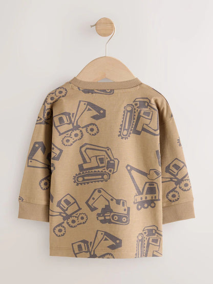 |Boy| Camisetas Estampadas Gráficas De Manga Comprida Digger Pretas/Marrons, Pacote com 3 (3 meses a 7 anos)