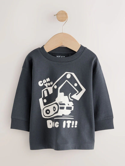 |Boy| Camisetas Estampadas Gráficas De Manga Comprida Digger Pretas/Marrons, Pacote com 3 (3 meses a 7 anos)