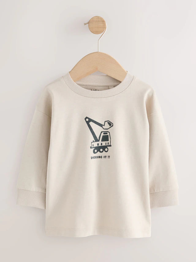 |Boy| Camisetas Estampadas Gráficas De Manga Comprida Digger Pretas/Marrons, Pacote com 3 (3 meses a 7 anos)