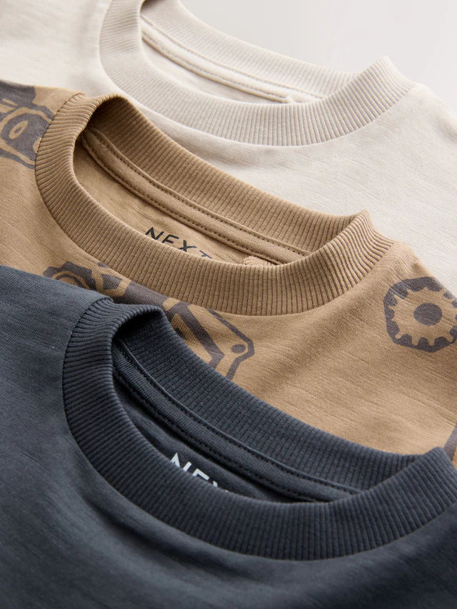 |Boy| Camisetas Estampadas Gráficas De Manga Comprida Digger Pretas/Marrons, Pacote com 3 (3 meses a 7 anos)