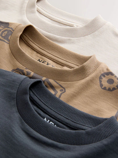 |Boy| Camisetas Estampadas Gráficas De Manga Comprida Digger Pretas/Marrons, Pacote com 3 (3 meses a 7 anos)