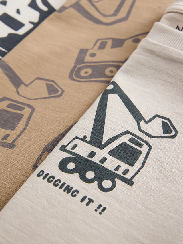 |Boy| Camisetas Estampadas Gráficas De Manga Comprida Digger Pretas/Marrons, Pacote com 3 (3 meses a 7 anos)