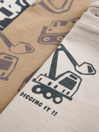 |Boy| Camisetas Estampadas Gráficas De Manga Comprida Digger Pretas/Marrons, Pacote com 3 (3 meses a 7 anos)